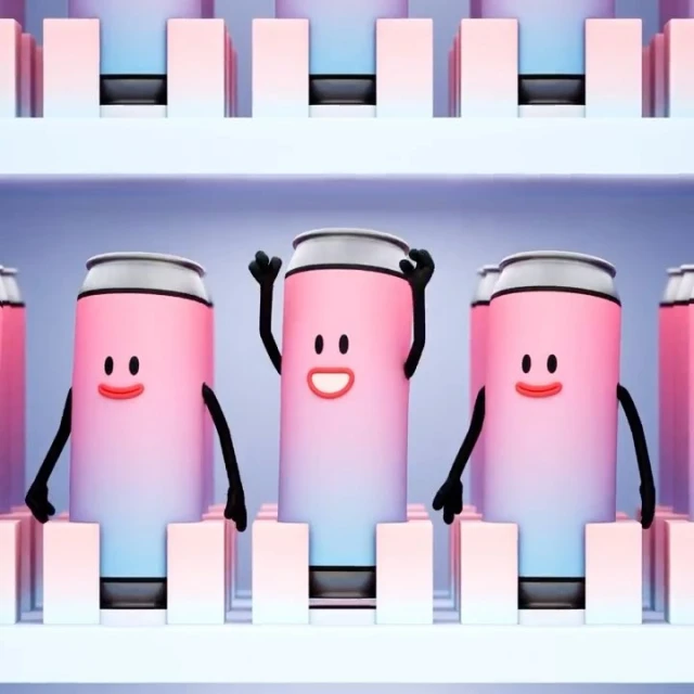 Animated cans with faces and arms stand on shelves, pink and blue gradient, playful, cute, whimsical, food and beverage industry.