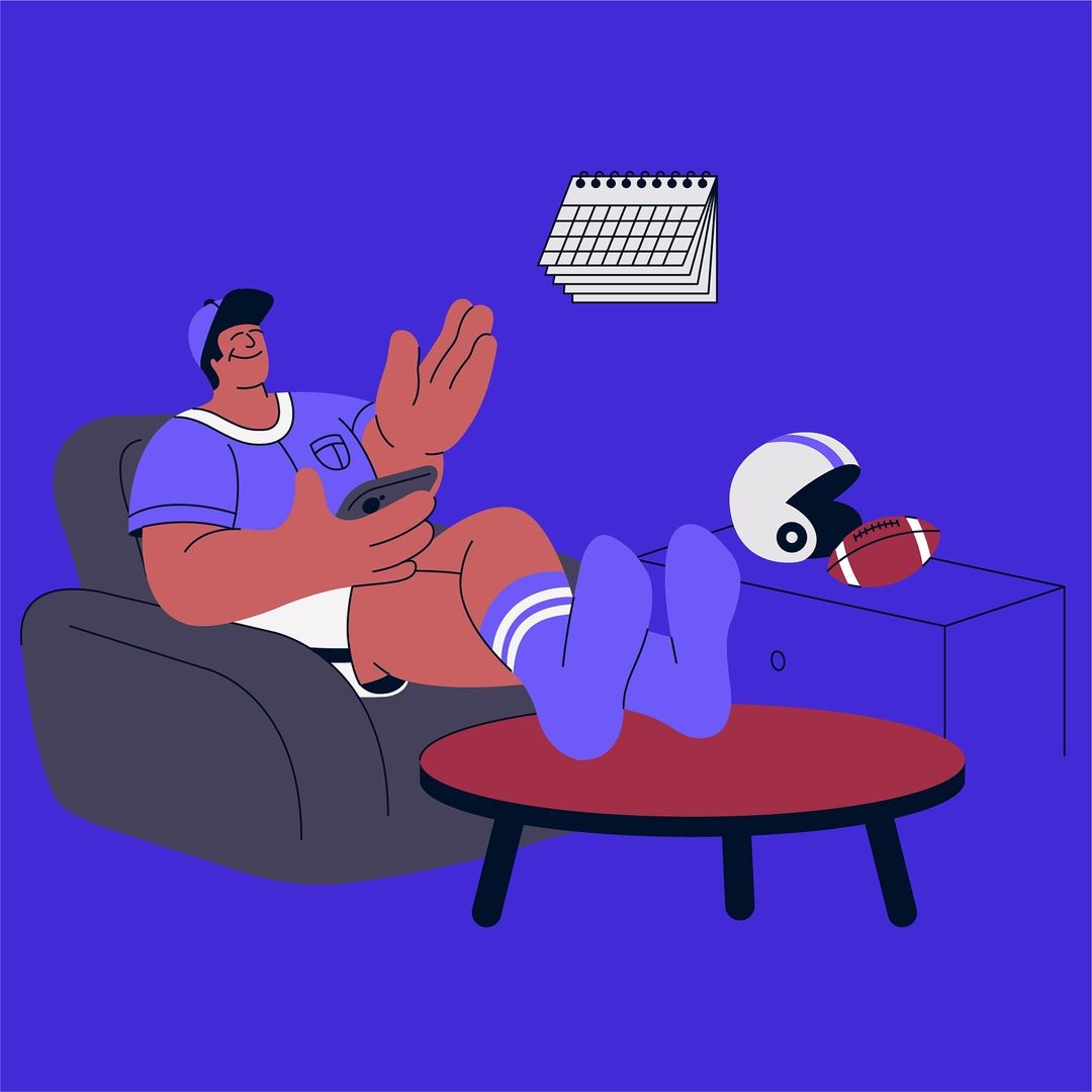 Illustration of an adult male in a blue shirt and shorts sitting in a gray chair and holding a smartphone in a blue and purple room.