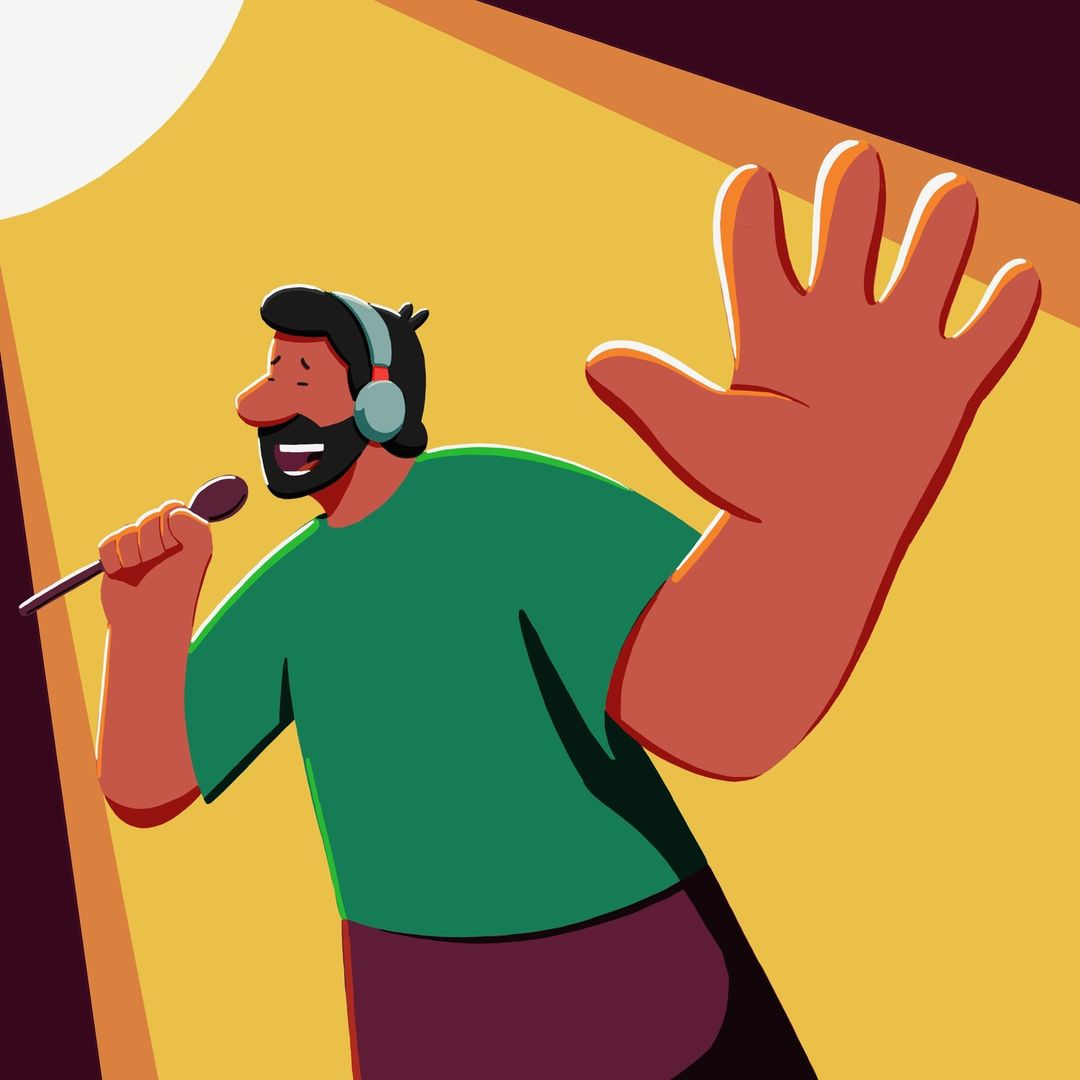 Illustration of a singer with a microphone and headphones, raising a hand against a yellow backdrop. The style is cartoonish and vibrant.