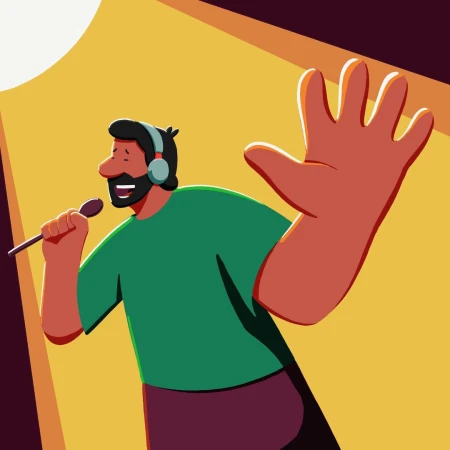 Illustration of a singer with a microphone and headphones, raising a hand against a yellow backdrop. The style is cartoonish and vibrant.