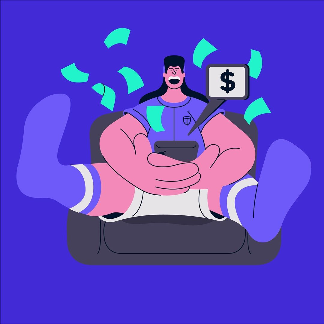 Illustration of a happy person relaxing in a chair while using a mobile phone, with currency symbol and paper money graphics around them.