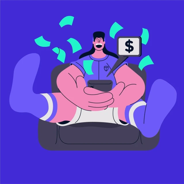 Illustration of a happy person relaxing in a chair while using a mobile phone, with currency symbol and paper money graphics around them.
