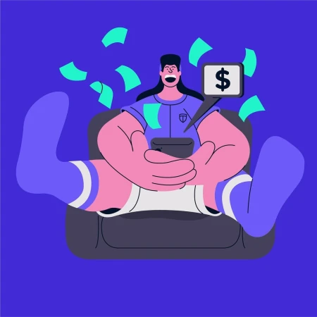 Illustration of a happy person relaxing in a chair while using a mobile phone, with currency symbol and paper money graphics around them.