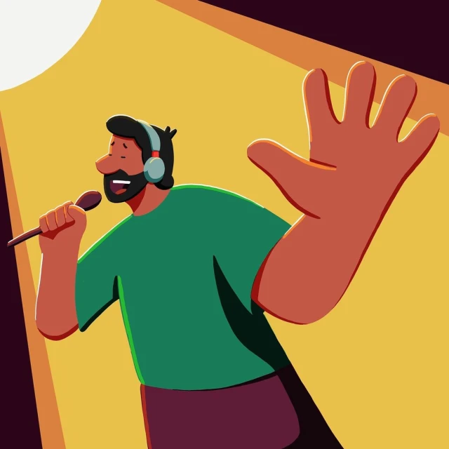 Illustration of a singer with headphones on, singing into a microphone with an open hand, against a bright yellow background and spotlight.