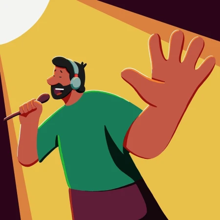 Illustration of a singer with headphones on, singing into a microphone with an open hand, against a bright yellow background and spotlight.