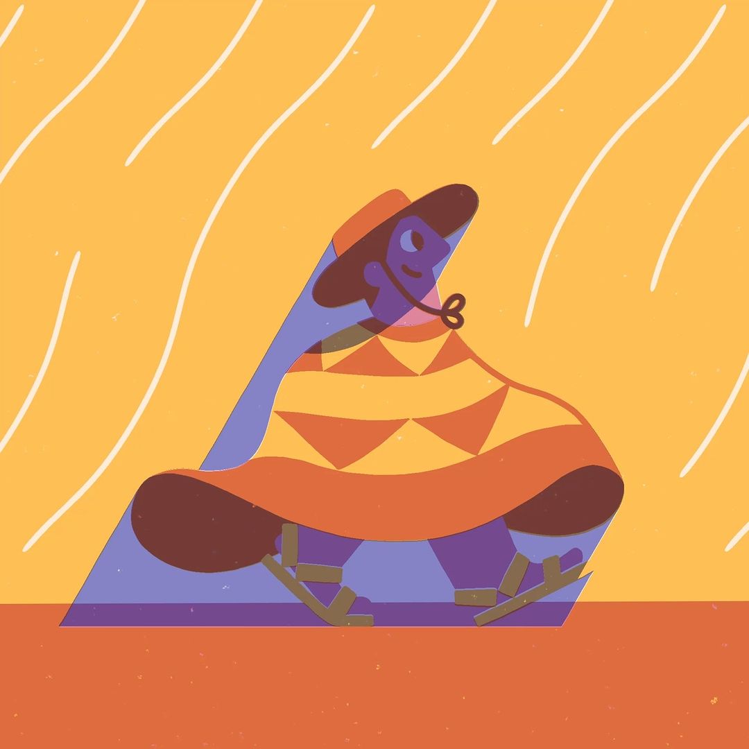 Illustration of person in traditional Andean clothing walking. Person wears poncho, hat, and sandals against a bright background with linework.