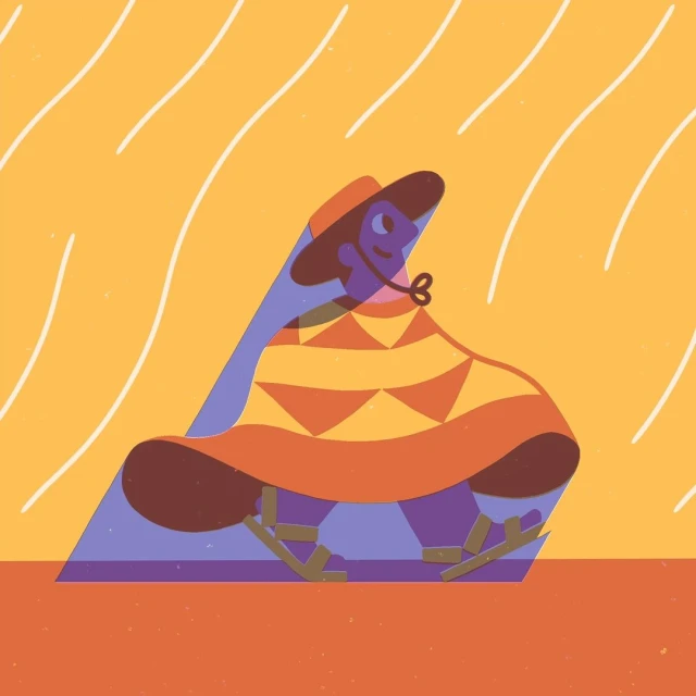Illustration of person in traditional Andean clothing walking. Person wears poncho, hat, and sandals against a bright background with linework.