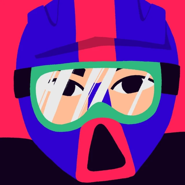Illustration of a person wearing a blue helmet and green goggles against a red background in a square format.