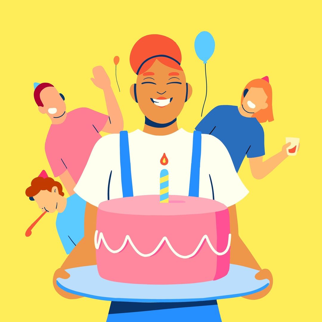 Cartoon illustration of a woman holding a birthday cake with friends celebrating in the background on a yellow background.