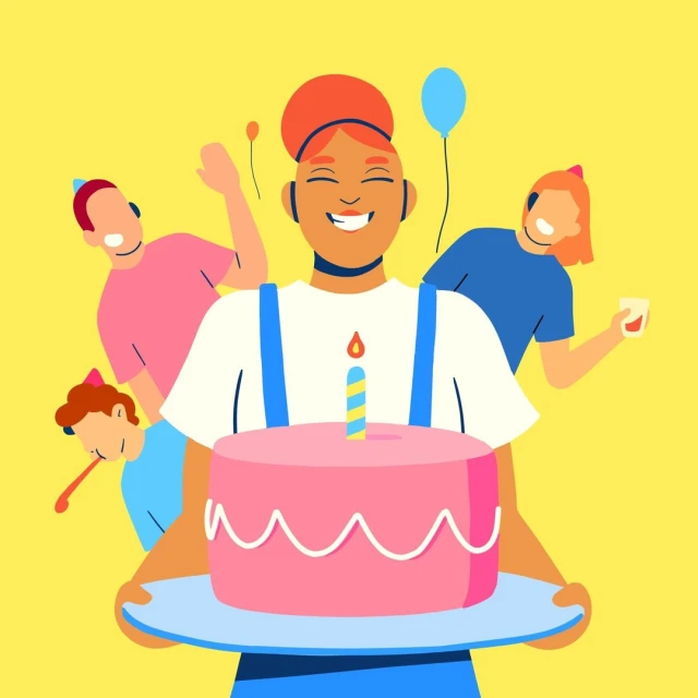 Cartoon illustration of a woman holding a birthday cake with friends celebrating in the background on a yellow background.