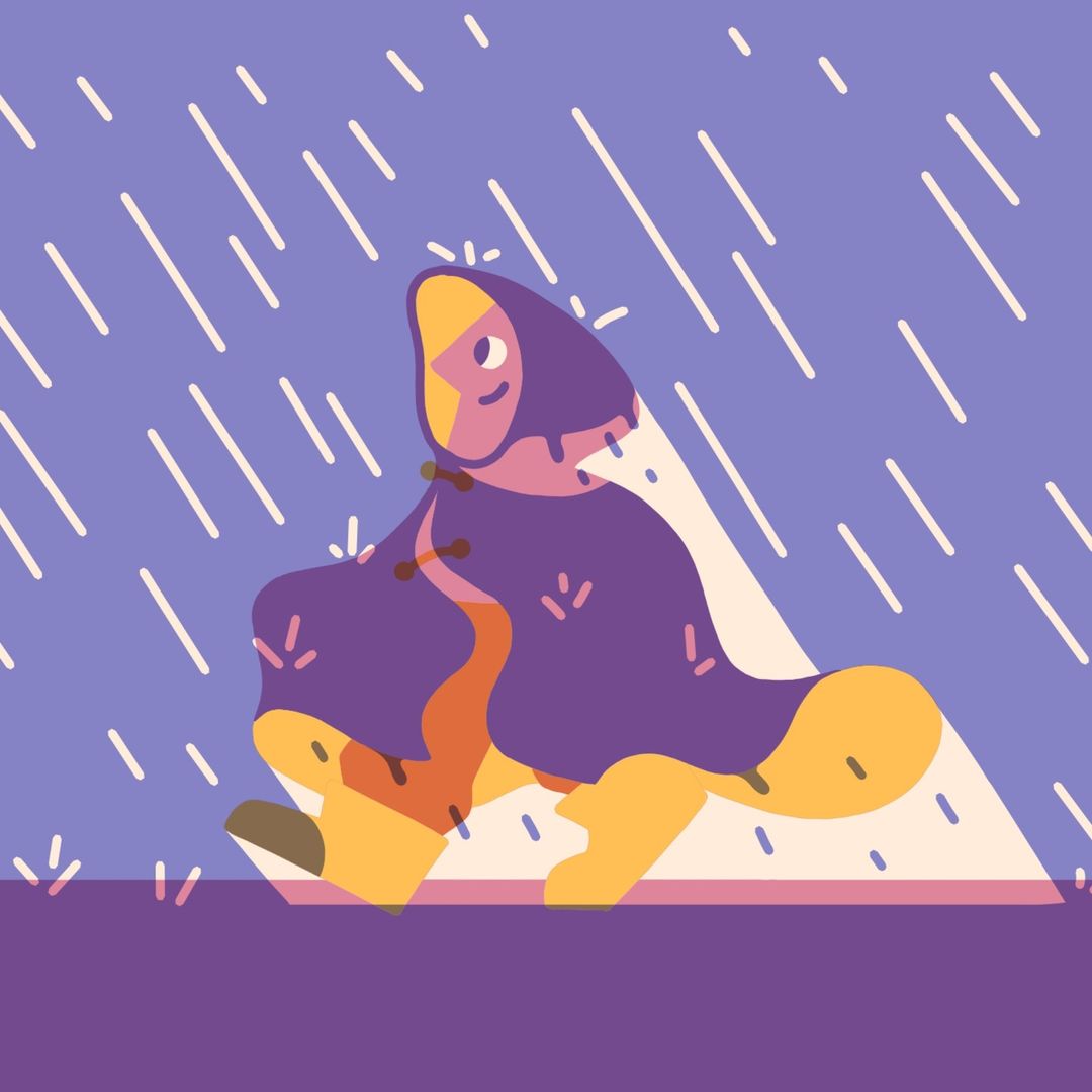 Illustration of a person in a hooded cloak walking in the rain. Stylized cartoon figure with geometric shapes and blue background.