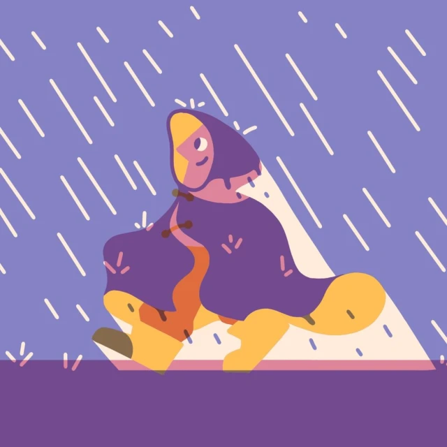 Illustration of a person in a hooded cloak walking in the rain. Stylized cartoon figure with geometric shapes and blue background.