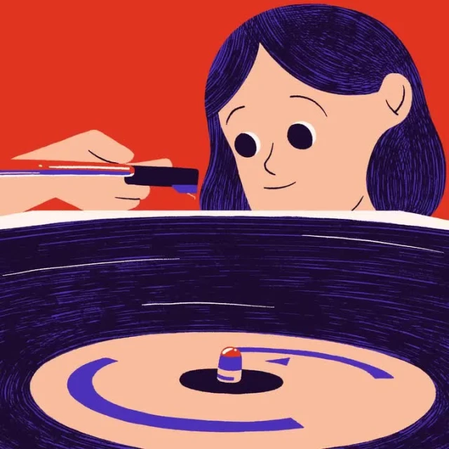 Illustration of a young woman with short purple hair operating a record player against a red background in a music listening room.