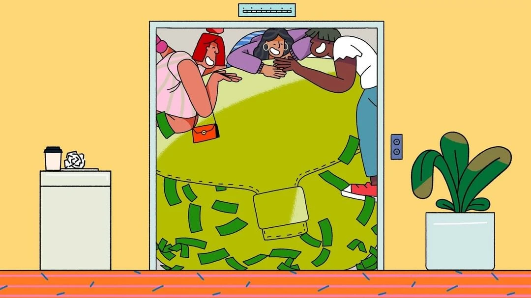 Illustration shows diverse group of people in an elevator filled with a green bag and money, next to a plant and side table.