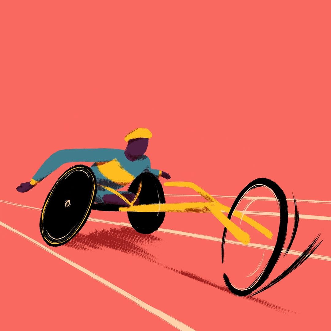 Illustration of athlete in wheelchair racing on track with motion blur, set against a coral backdrop, rendered in colorful digital art.