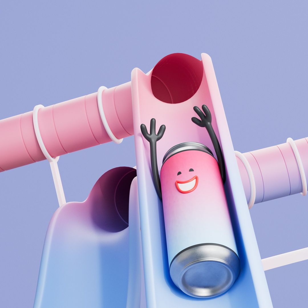 Cartoon can with arms and smile is sliding down a pink and blue slide with pipes against a blue background in a digital animation.