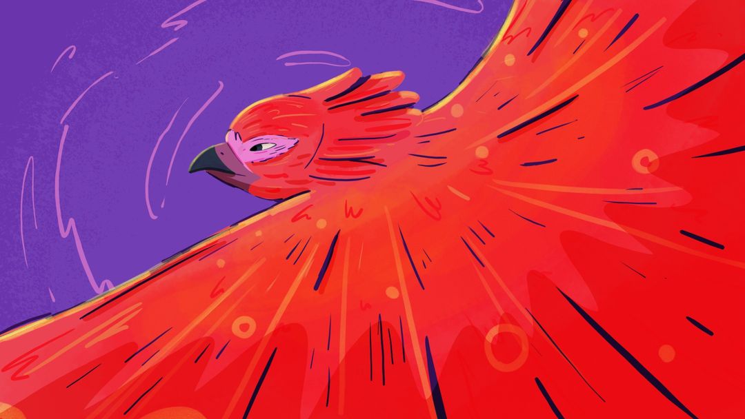 Illustration of a red and orange phoenix-like bird with outstretched wings against a purple and blue sky, created with digital art techniques.