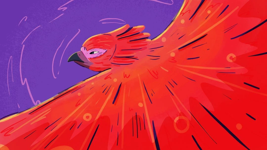 Illustration of a red and orange phoenix-like bird with outstretched wings against a purple and blue sky, created with digital art techniques.