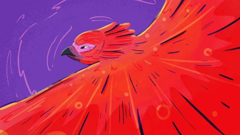 Illustration of a red and orange phoenix-like bird with outstretched wings against a purple and blue sky, created with digital art techniques.