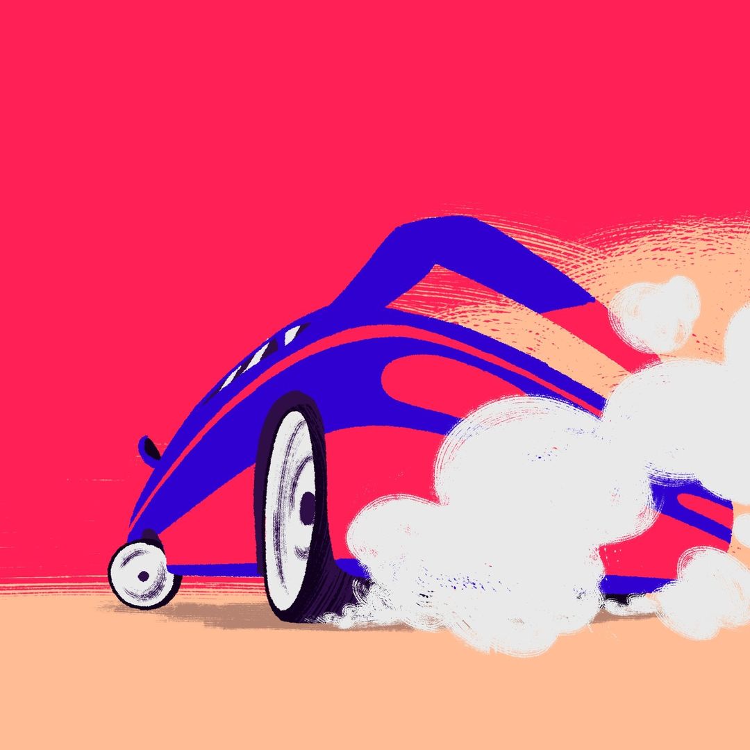Blue and red illustrated sports car drifting with thick white smoke clouds and a bright pink background.