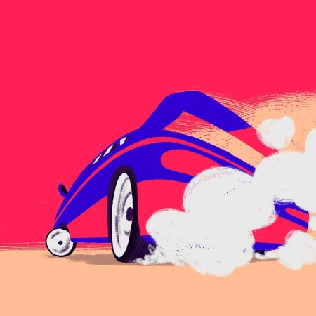 Blue and red illustrated sports car drifting with thick white smoke clouds and a bright pink background.