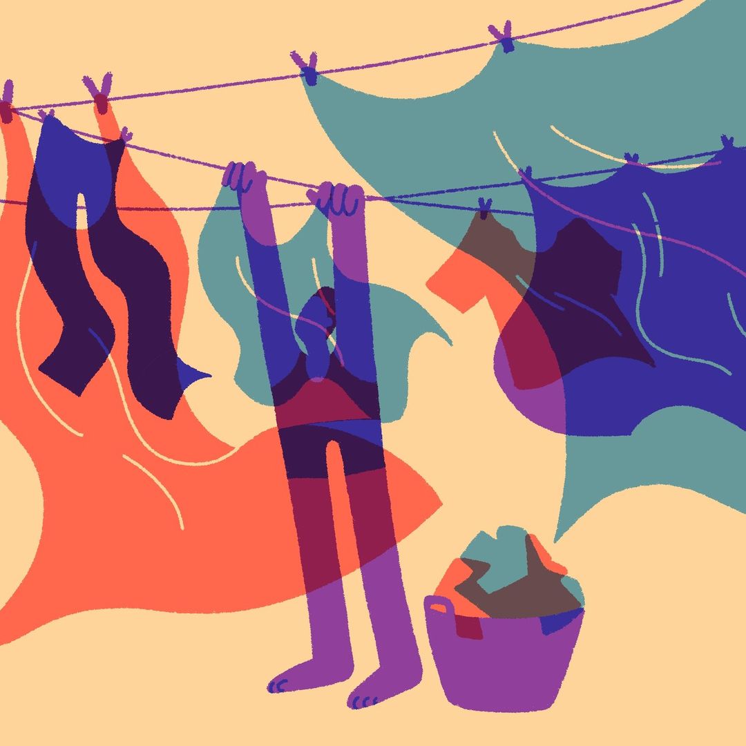 Illustration of a person hanging clothes on a clothesline, with a basket of laundry nearby, rendered in a stylized, graphic style.