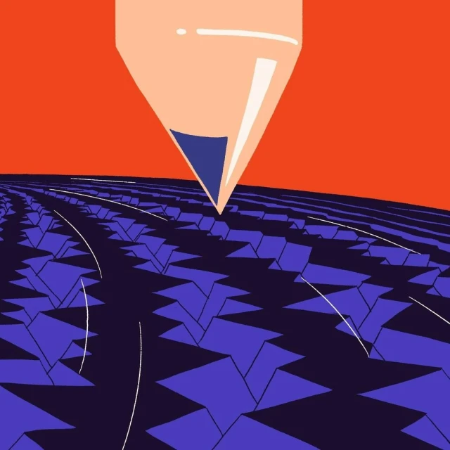 Illustration of abstract shapes against an orange background, featuring a light pink cone shape above a field of blue geometric forms.