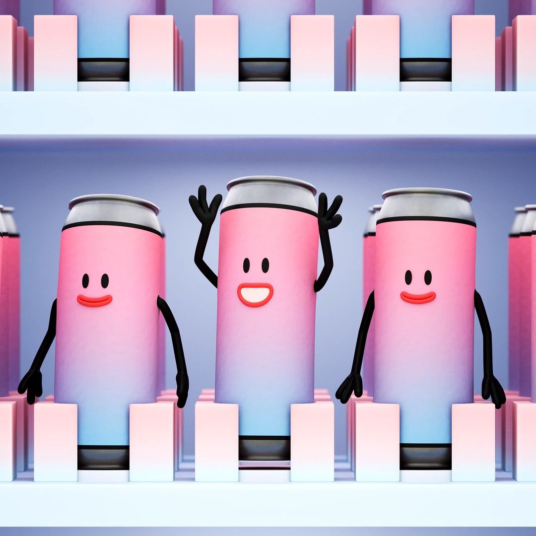 Group of animated soda cans with arms and smiling faces lined up on a shelf against a light blue and pink background.