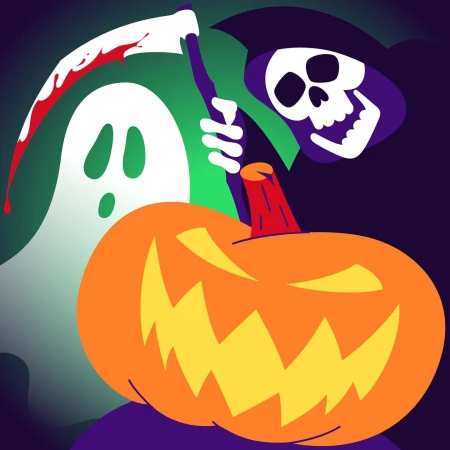 Halloween illustration of a ghost with a bloody scythe, a grim reaper with a pumpkin against a green and dark background.