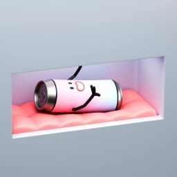 An anthropomorphic pastel pink and blue beverage can rests horizontally on a pink cushion inside a grey wall niche