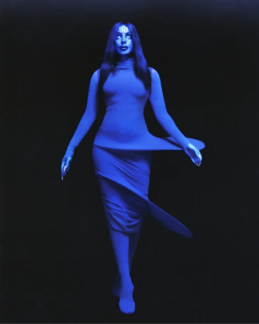 A woman with long dark hair stands in a blue dress against a dark backdrop, creating a striking visual contrast in a fashion forward image.
