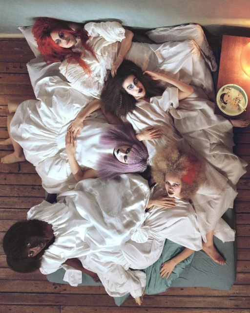 Overhead shot of five diverse women in white dresses lying on a bed with unique hairstyles and makeup, conveying a surreal, high-fashion aesthetic.