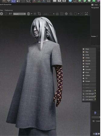Virtual fashion presentation featuring a CGI woman in a grey dress with moon-patterned sleeves in a digital rendering environment.