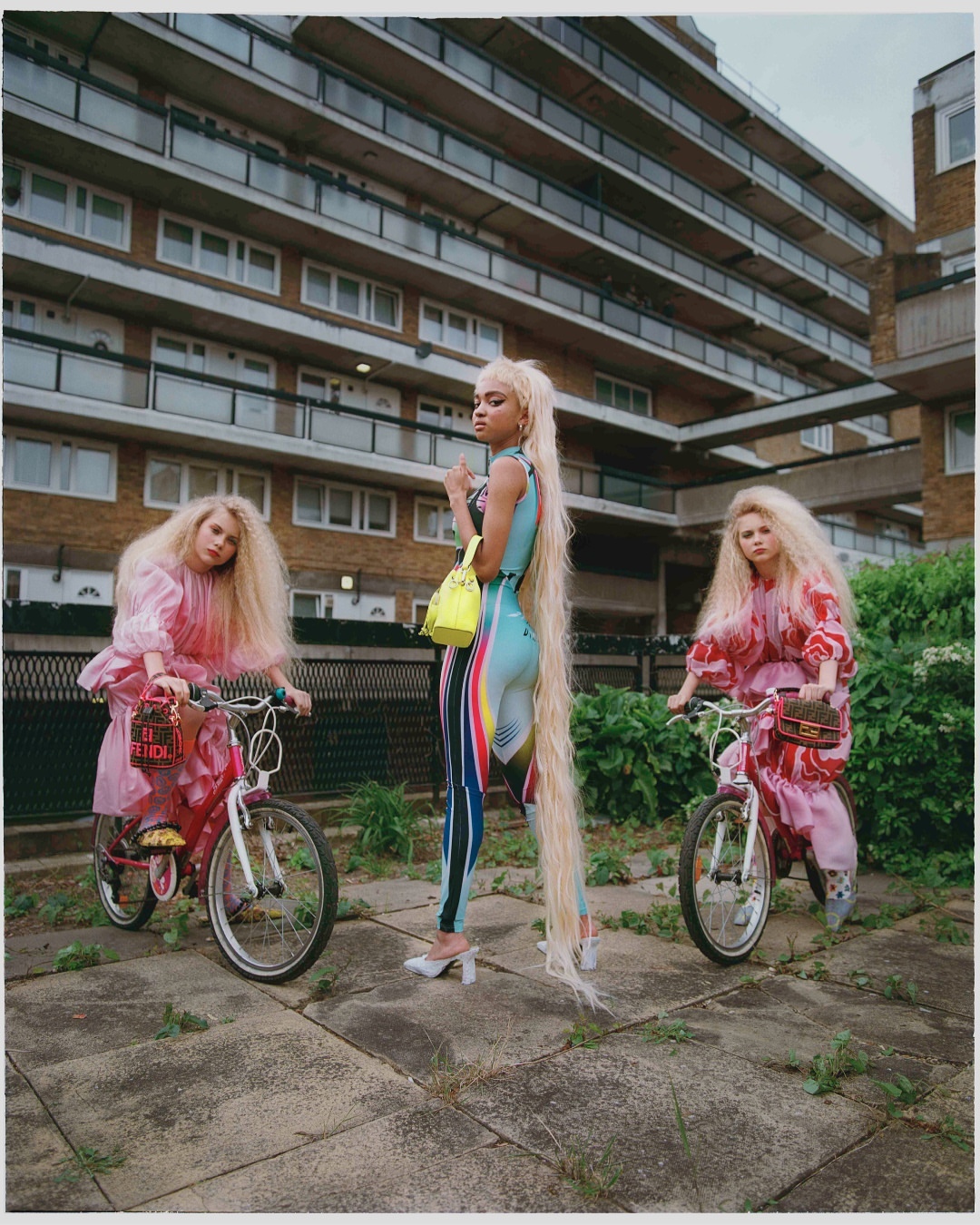 Three women with long blonde hair pose with bicycles near a modern building, showcasing colorful fashion and urban style.