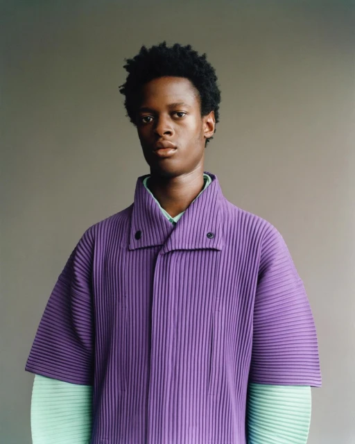 Portrait of a young Black man wearing a vibrant purple, collared shirt, posing against a grey backdrop in a studio setting.
