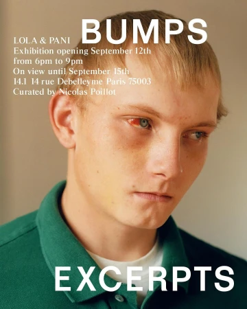 Close-up studio shot of a young adult with red irritation in one eye, wearing a green polo shirt against a beige background. Exhibition poster.