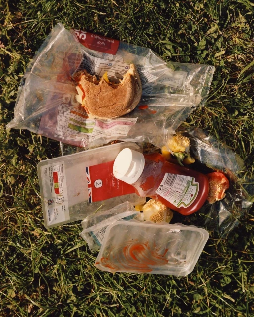 Discarded food containers and packaging litter the grass in this eye-level, outdoor shot of leftover fast food and trash.