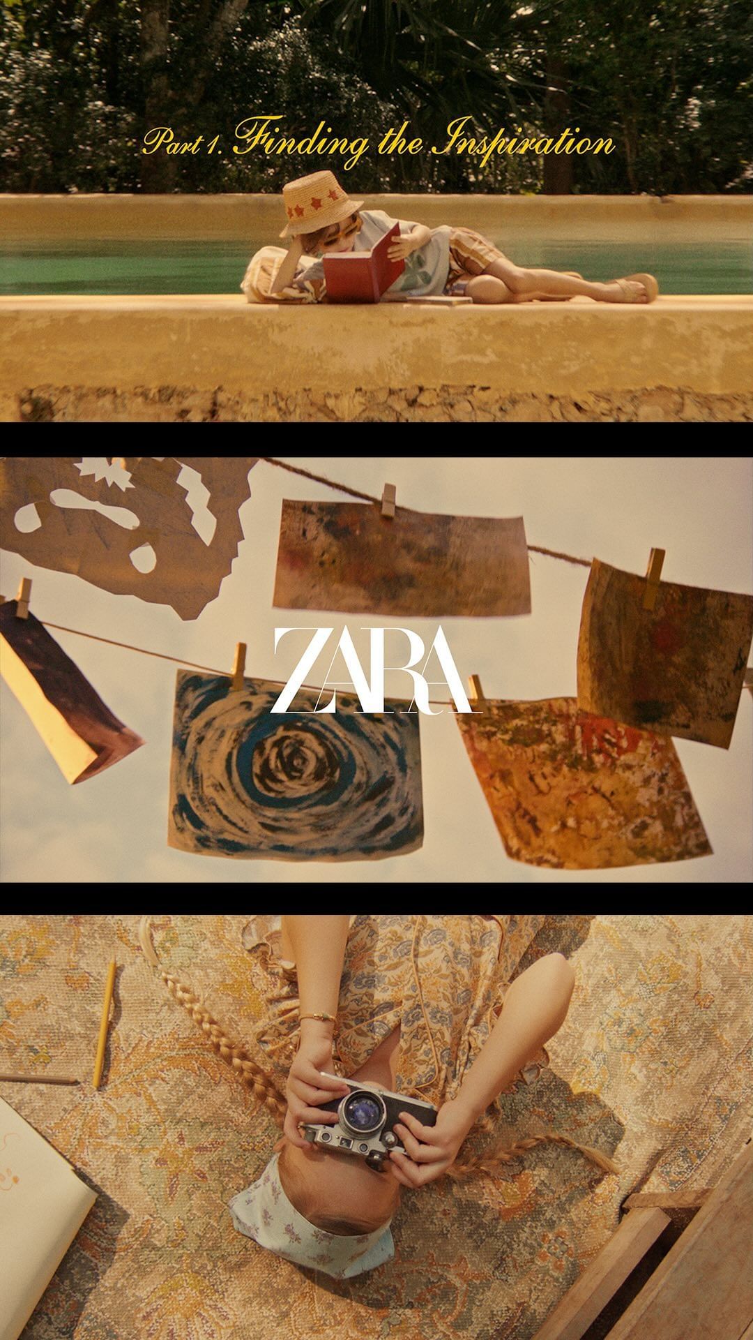 A woman lies by a pool reading. Artwork hangs on a clothesline. A person with a camera lies on patterned textile in warm lighting.