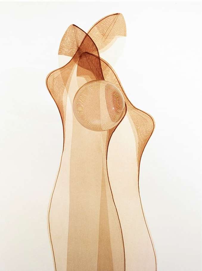 Abstract art featuring a translucent brown, rounded, dress form. The abstract design is set against a stark white background.