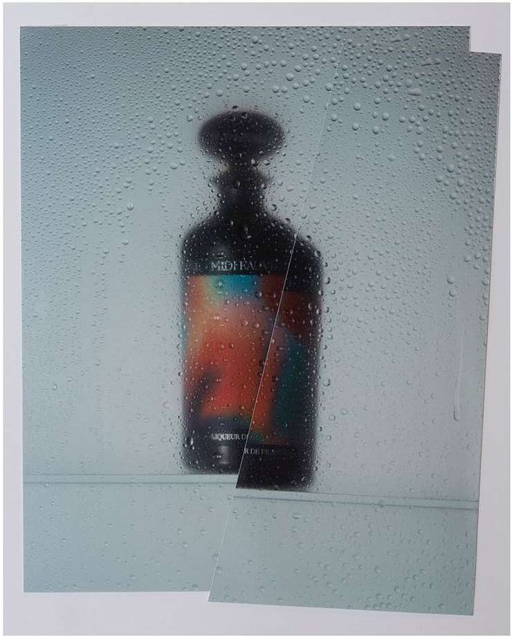 Studio shot of a black perfume bottle on a reflective surface, covered in water droplets. Image is presented in a collage style.