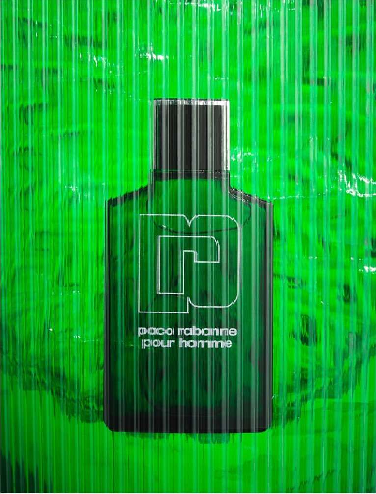 Product shot of a Paco Rabanne Pour Homme perfume bottle against a vibrant, textured green backdrop. Elegant design, studio lighting.