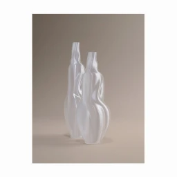 Two translucent sculptural white vases with organic, flowing human-like curves standing against a muted taupe studio background.