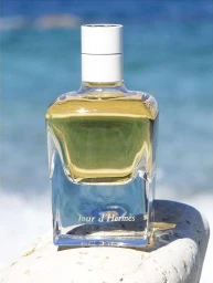 Jour d'Hermes perfume bottle resting on a white rock with an ocean background