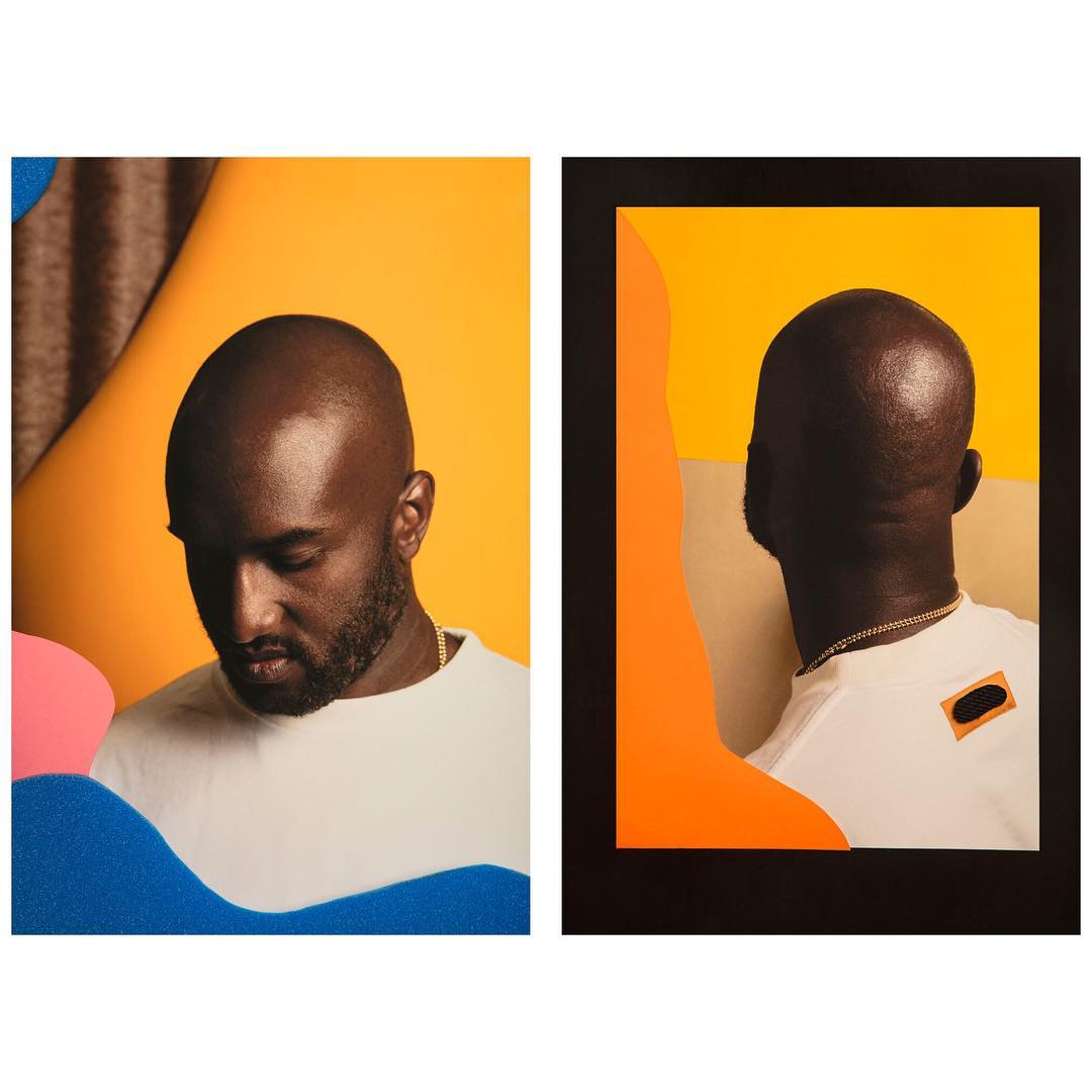 Portrait collage featuring a bald adult male in a white shirt against a yellow backdrop and another framed shot with orange accents.