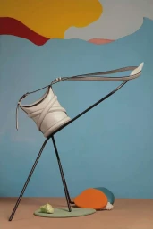 A white leather bucket bag balanced on a stylized metal tripod stand against a colorful abstract backdrop.