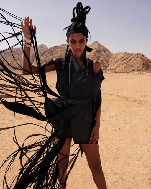 Fashion portrait of a Black woman in a black outfit with black fringe details, posing in a desert with mountains under a clear sky.