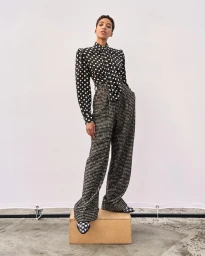Model standing on a wooden crate wearing a black and white polka dot blouse and patterned wide-leg trousers