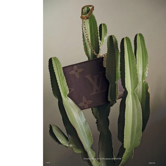 Close-up studio shot of a luxury monogrammed purse dangling from a cactus against a neutral background, featuring high-end fashion.