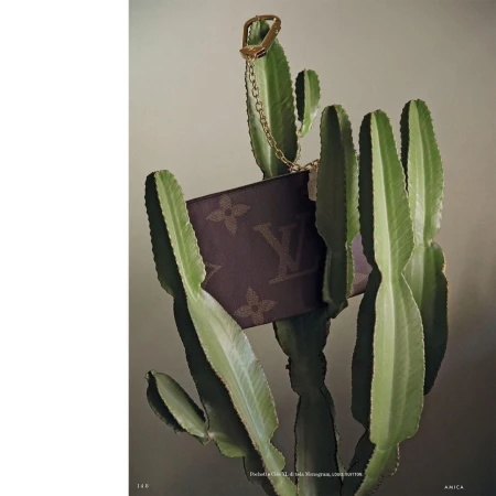 Close-up studio shot of a luxury monogrammed purse dangling from a cactus against a neutral background, featuring high-end fashion.