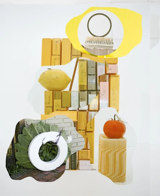 A surreal collage of citrus fruits, a tomato on a pedestal, a brush, and plants, all set against a bright white backdrop.
